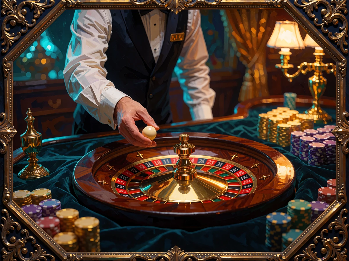 Krupier bez twarzy wrzuca kulkę do złotego koła ruletki obok żeton&oacute;w - kasyno live Goldbet Casino