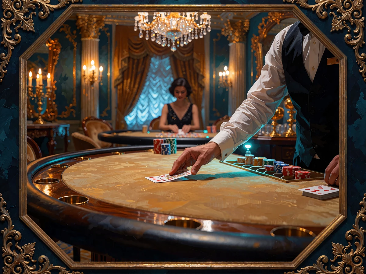 Krupier rozdaje karty przy złotym stole blackjacka w eleganckiej sali - kasyno live Goldbet Casino